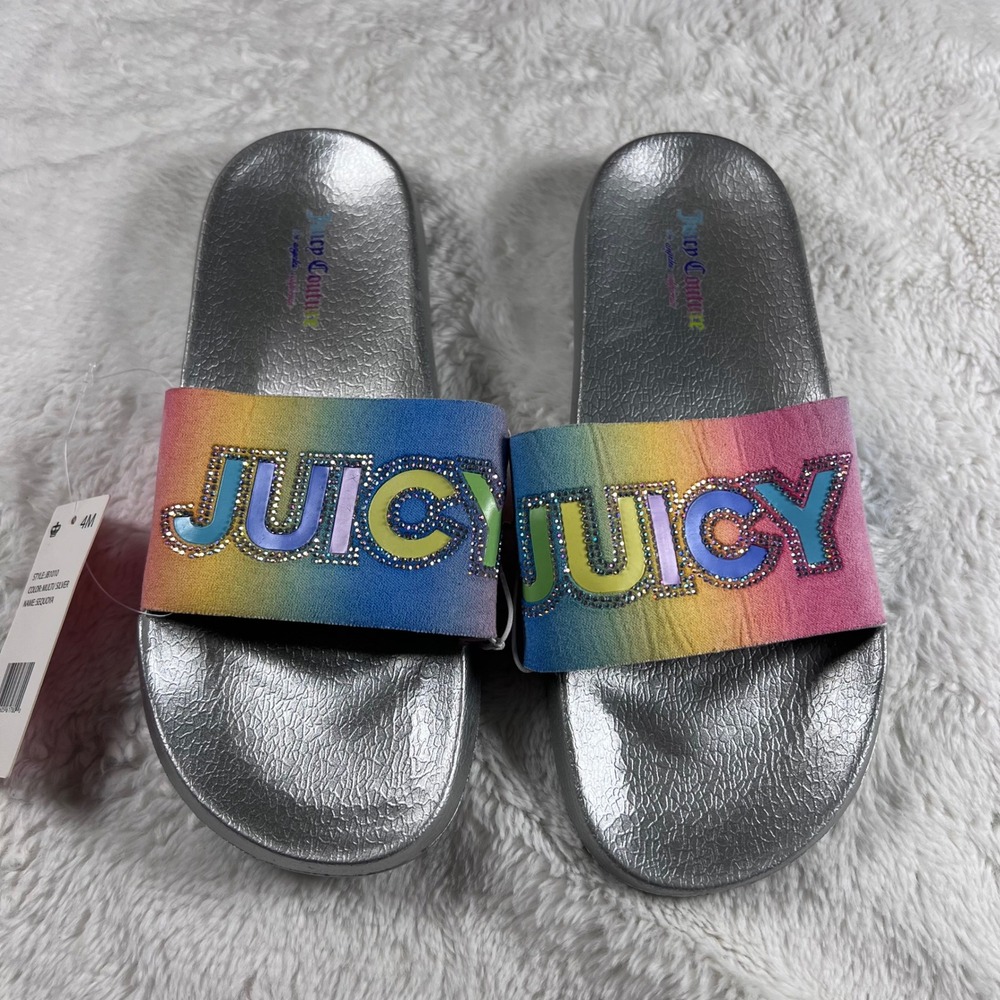 Juicy Couture Girls Sequoya Rainbow Glitter Slide Sandals Silver Size 4M NWT